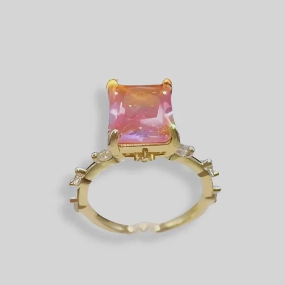 Princess Cut Pink CZ Ring Gold Plated Brass Size 6 - Picture 10 of 13